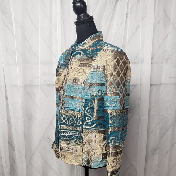 Dressbarn Jacket Blue Brown Embroidered Tapestry Patchwork Artsy Retro M - Picture 8 of 13